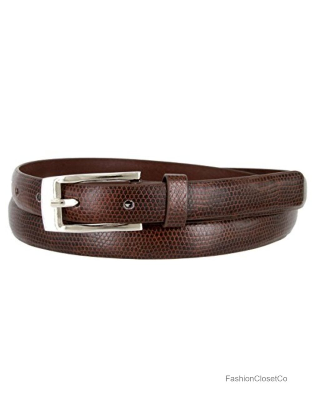 Women's Skinny Lizard Embossed Leather Dress Belt Silver Buckle
